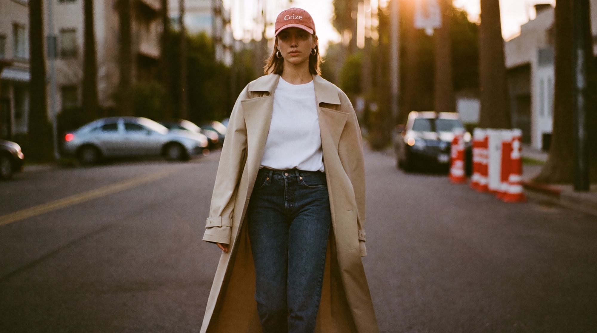 Golden hour street scene, woman in trench and red cap, Los Angeles